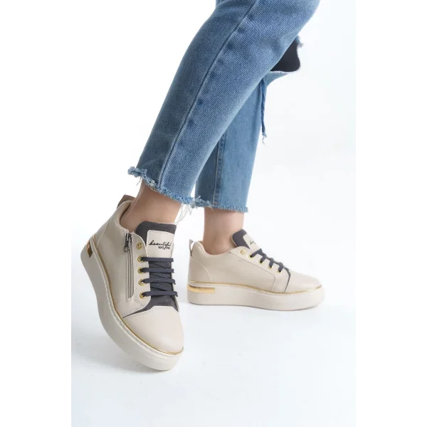DINA Bağcıklı Fermuarlı Ortopedik Taban Kadın Sneaker Spor Ayakkabı  CKT - Krem/Gri/Altın