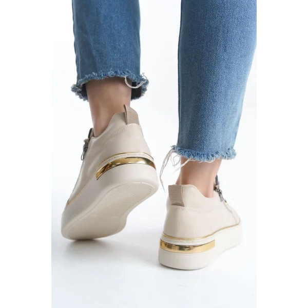 DINA Bağcıklı Fermuarlı Ortopedik Taban Kadın Sneaker Spor Ayakkabı  CKT - Krem/Gri/Altın