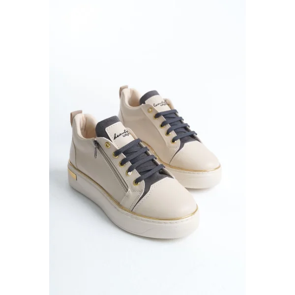 DINA Bağcıklı Fermuarlı Ortopedik Taban Kadın Sneaker Spor Ayakkabı  CKT - Krem/Gri/Altın