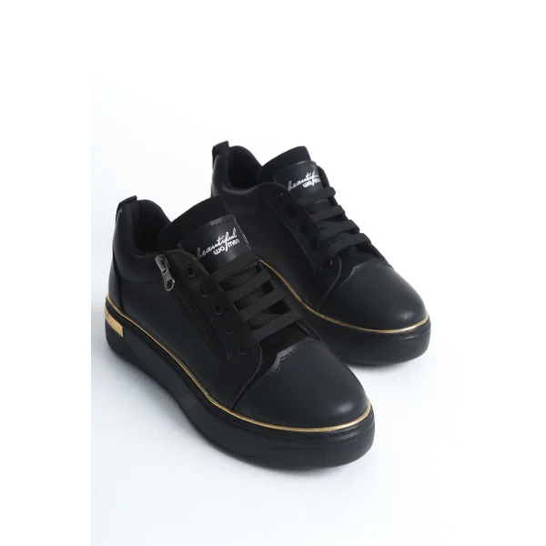 DINA Bağcıklı Fermuarlı Ortopedik Taban Kadın Sneaker Spor Ayakkabı  CST - Siyah/Altın