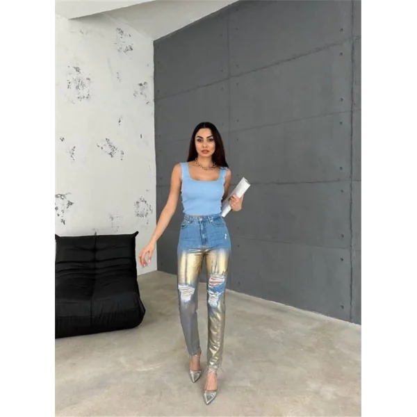 DİZ YIRTIK VARAKLI MOM KOT PANTOLON - Gold