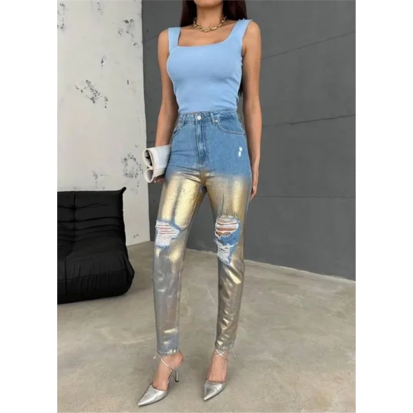 DİZ YIRTIK VARAKLI MOM KOT PANTOLON - Gold