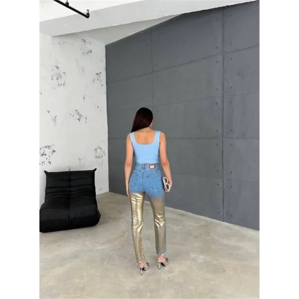 DİZ YIRTIK VARAKLI MOM KOT PANTOLON - Gold