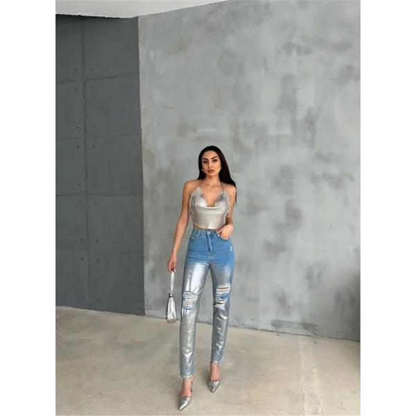 DİZ YIRTIK VARAKLI MOM KOT PANTOLON  Gümüş