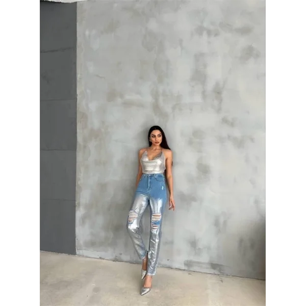 DİZ YIRTIK VARAKLI MOM KOT PANTOLON  Gümüş