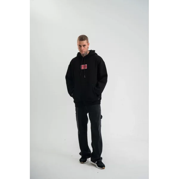 Double Oversize Kapşonlu Dijital Patchli SweatShirt - Siyah