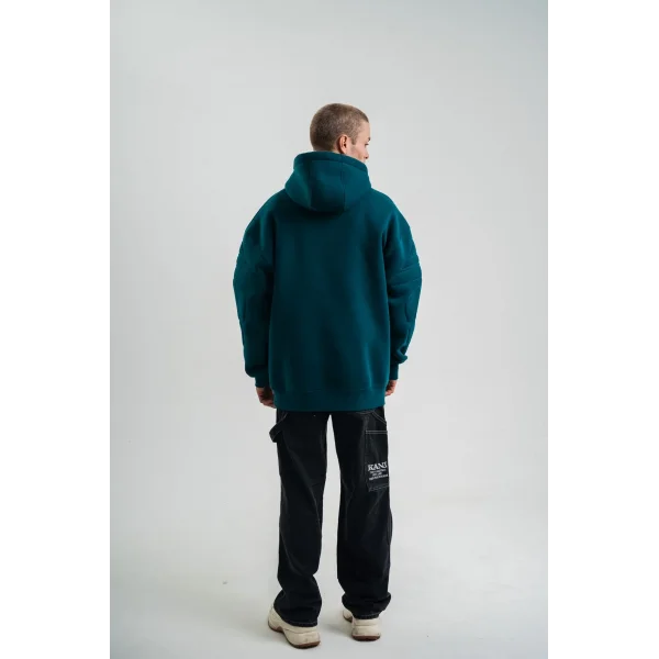 Double Oversize Kapşonlu Nakışlı SweatShirt - Koyu Deniz Yeşili