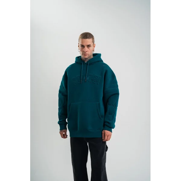 Double Oversize Kapşonlu Nakışlı SweatShirt - Koyu Deniz Yeşili