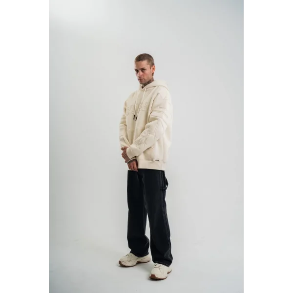 Double Oversize Kapşonlu Nakışlı SweatShirt - Krem