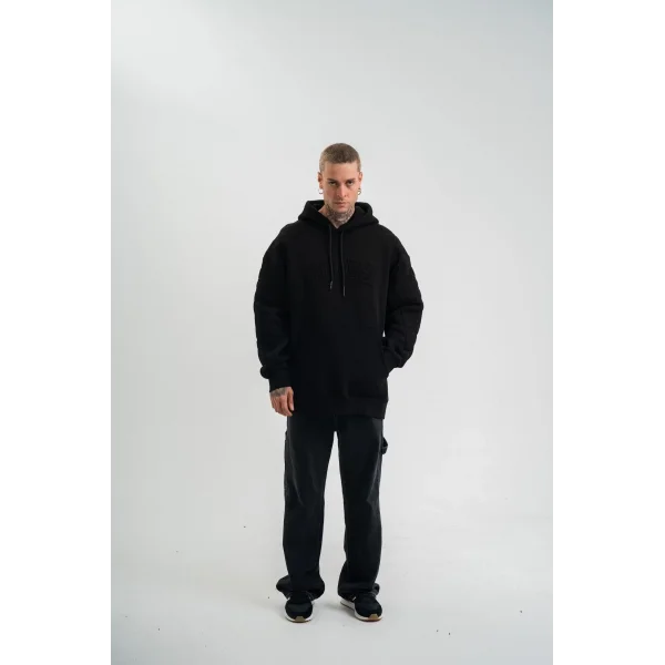 Double Oversize Kapşonlu Nakışlı SweatShirt - Siyah
