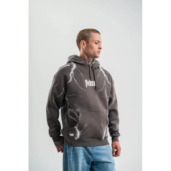 Double Oversize Kapşonlu Şimşek Pano Baskılı SweatShirt - Füme