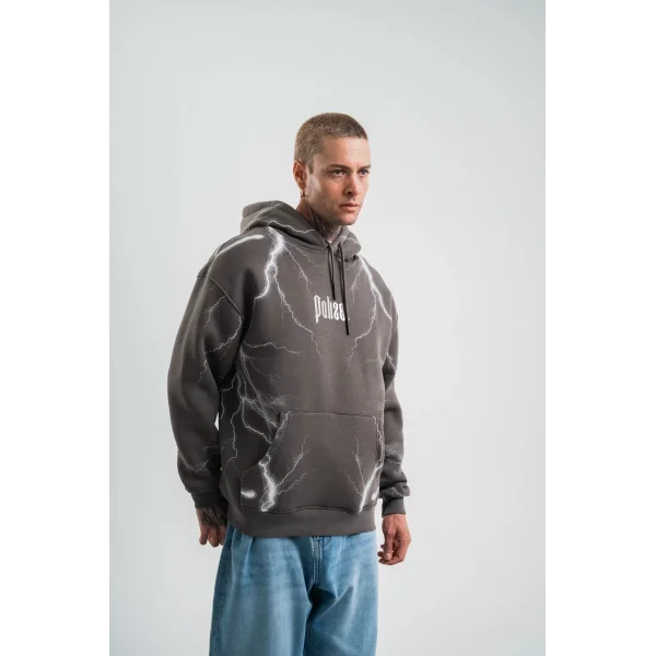 Double Oversize Kapşonlu Şimşek Pano Baskılı SweatShirt - Füme