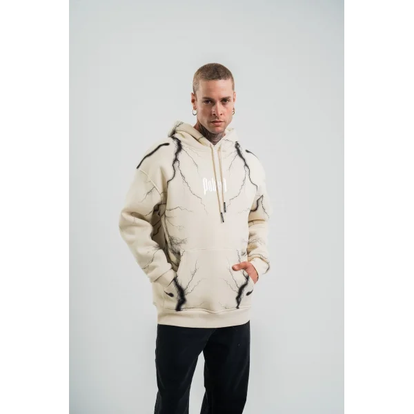 Double Oversize Kapşonlu Şimşek Pano Baskılı SweatShirt - Krem