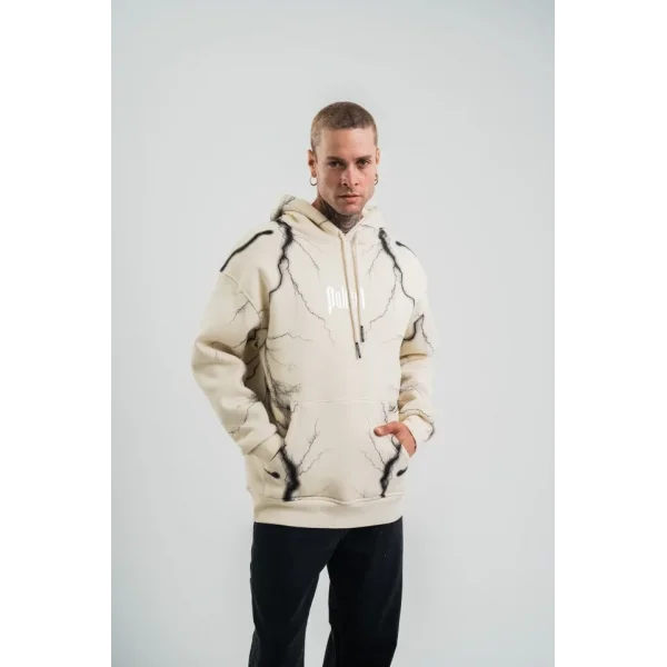Double Oversize Kapşonlu Şimşek Pano Baskılı SweatShirt - Krem
