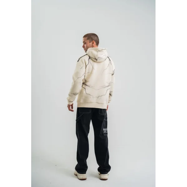 Double Oversize Kapşonlu Şimşek Pano Baskılı SweatShirt - Krem