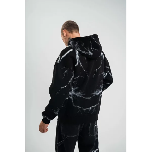 Double Oversize Kapşonlu Şimşek Pano Baskılı SweatShirt - Siyah