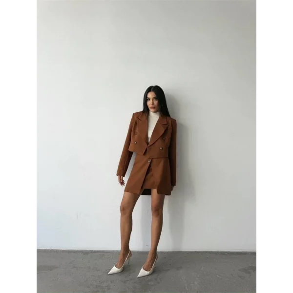 DÜĞE DETAYI ETEK  CROP CEKET TAKI  Kahverengi