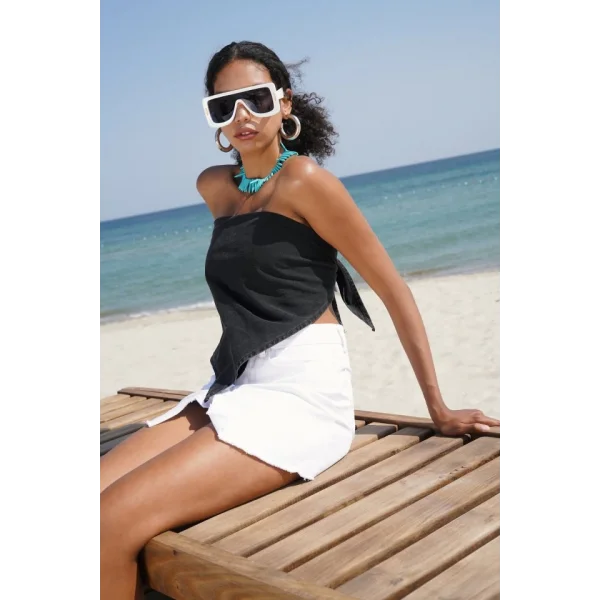 Düğme Detay Asimetrik Denim Etek