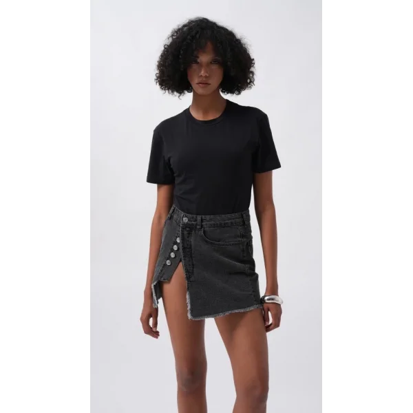 Düğme Detay Asimetrik Denim Etek