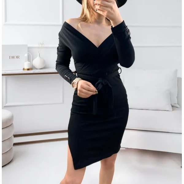 Düğme Detay Kuşaklı Yırtmaçlı Kruvaze Yaka Elbise