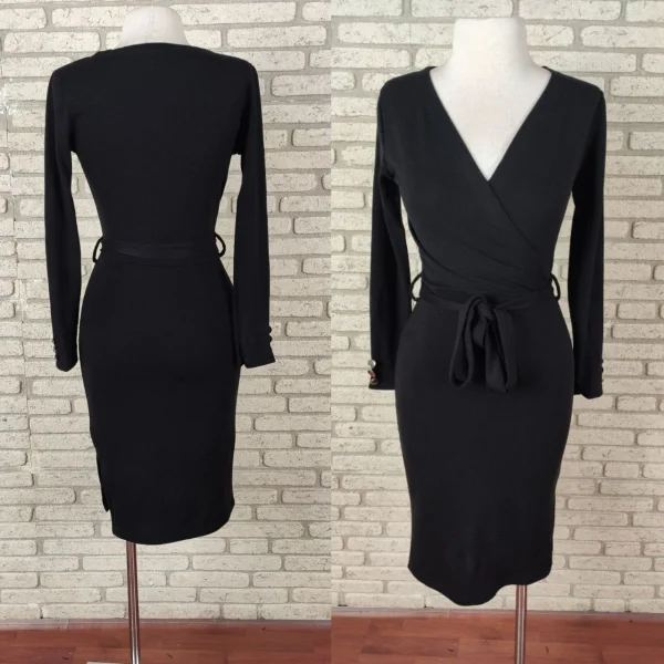 Düğme Detay Kuşaklı Yırtmaçlı Kruvaze Yaka Elbise