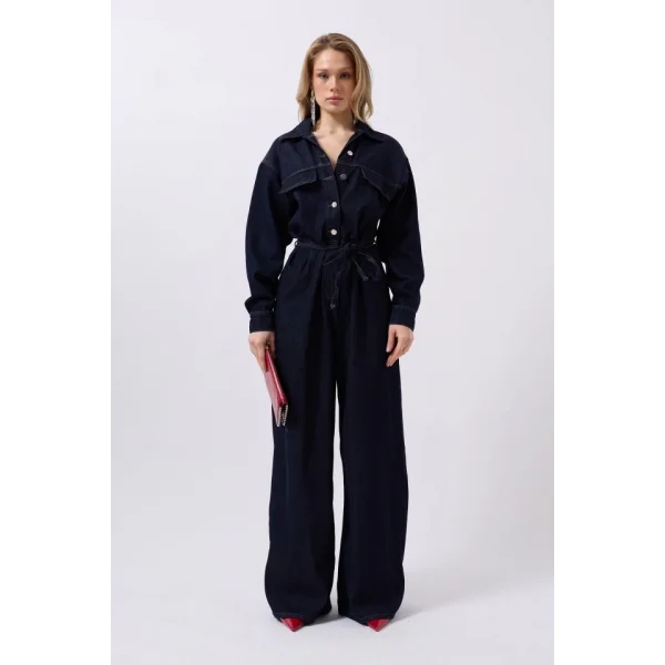 Düğme Detaylı Denim Tulum