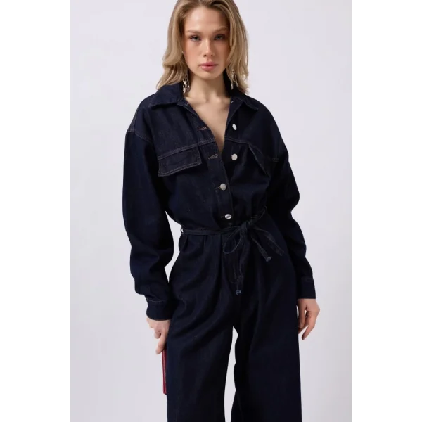 Düğme Detaylı Denim Tulum