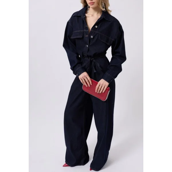 Düğme Detaylı Denim Tulum