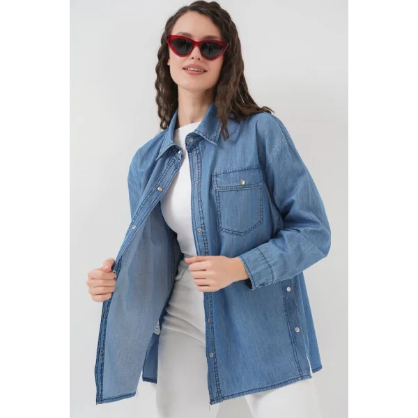 Düğme Detaylı Kot Gömlek 20299  Mavi