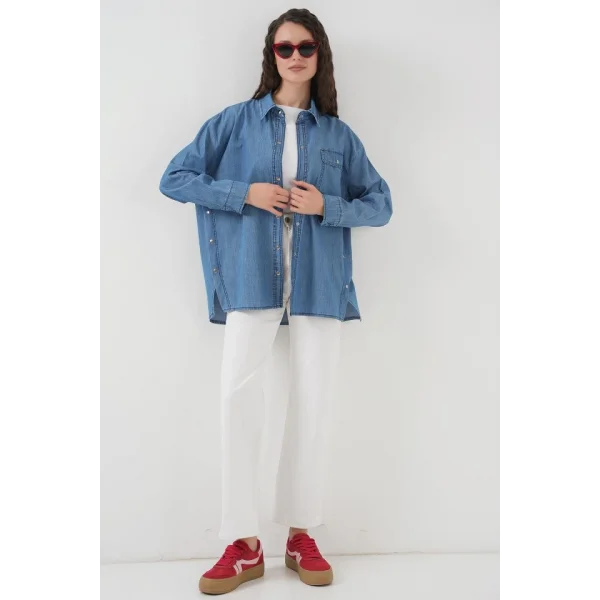 Düğme Detaylı Kot Gömlek 20299  Mavi