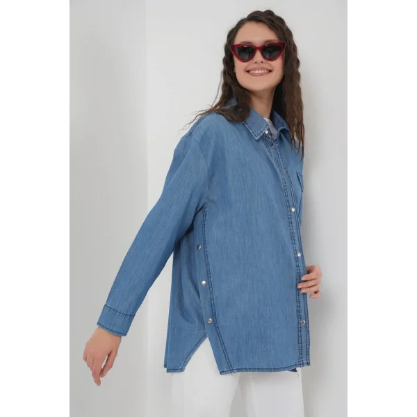 Düğme Detaylı Kot Gömlek 20299  Mavi