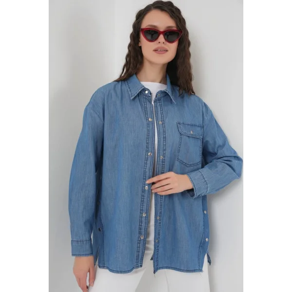 Düğme Detaylı Kot Gömlek 20299  Mavi