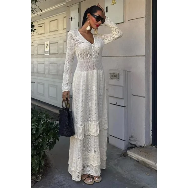 Düğme Detaylı Ve Kat Etekli Etnik Elbise 2859