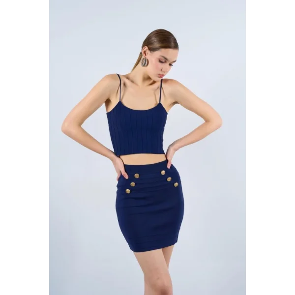 Düğmeli Bekletmeli Kalem Etek  Açık Lacivert