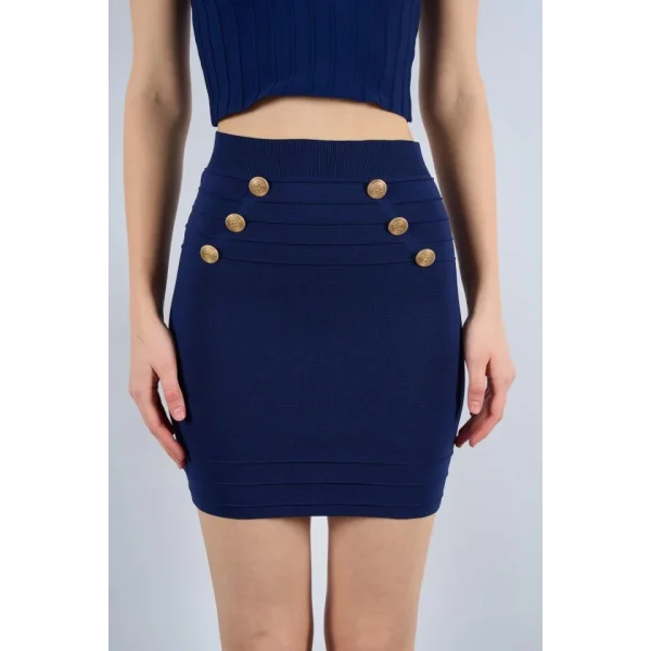 Düğmeli Bekletmeli Kalem Etek  Açık Lacivert