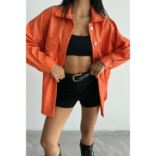 DÜĞMELİ DERİ GÖMLEK BOYFRİEND - Turuncu