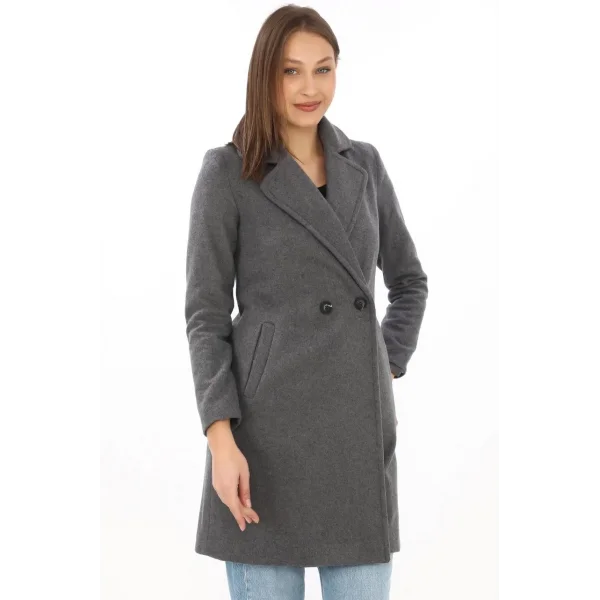 Düğmeli İçi Astarlı Kadın Kaşmir Kaşe Kaban - Füme