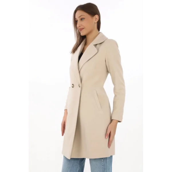 Düğmeli İçi Astarlı Kaşmir Kaşe Kaban  Bej