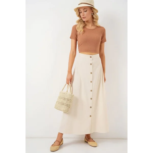 Düğmeli Keten Uzun Etek 8046 - Krem