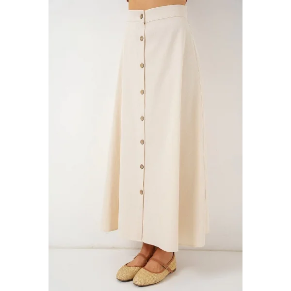 Düğmeli Keten Uzun Etek 8046 - Krem