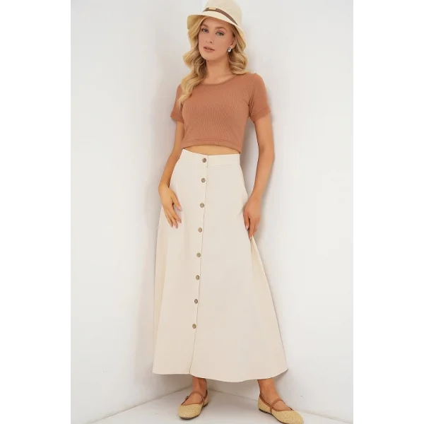 Düğmeli Keten Uzun Etek 8046 - Krem