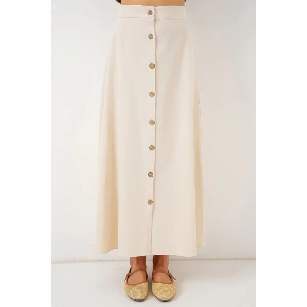 Düğmeli Keten Uzun Etek 8046 - Krem