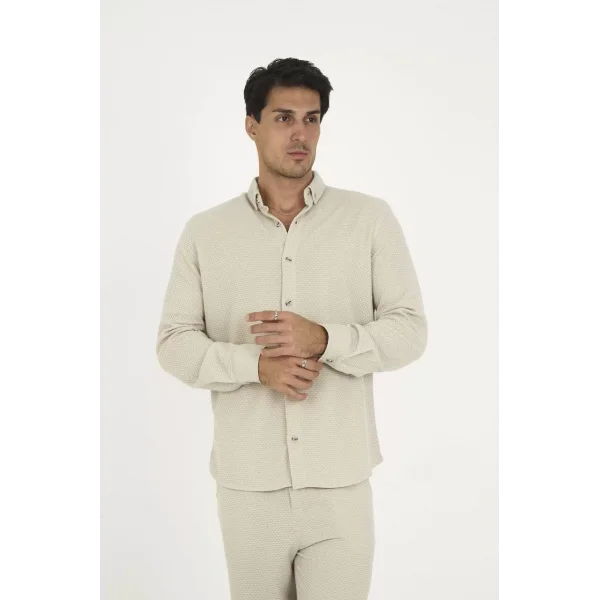 Düğmeli Tam Kalıp Uzun Kol Jakar Gömlek - Gri