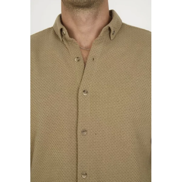 Düğmeli Tam Kalıp Uzun Kol Jakar Gömlek - Kahverengi