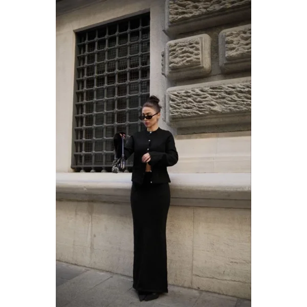 Düğmeli Triko İkili Etekli Takım- Siyah