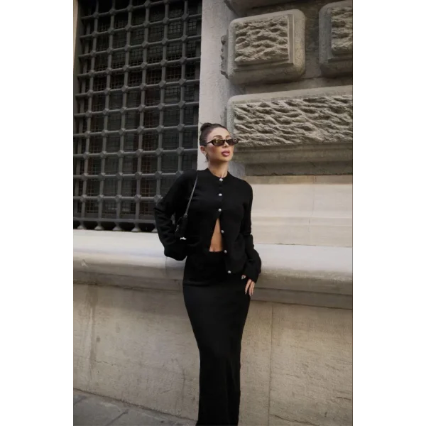 Düğmeli Triko İkili Etekli Takım- Siyah