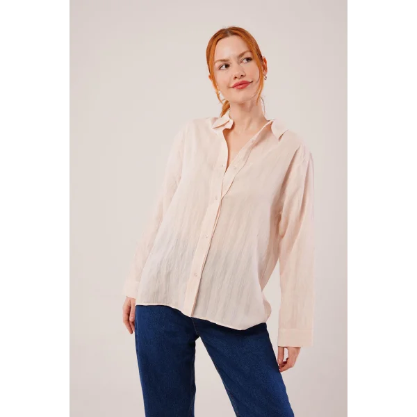 Düğmeli Ve Çizgi Detaylı Krem Gömlek