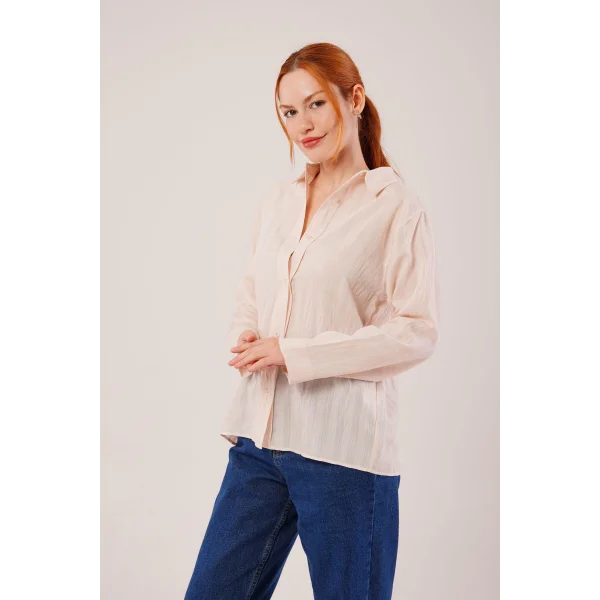 Düğmeli Ve Çizgi Detaylı Krem Gömlek