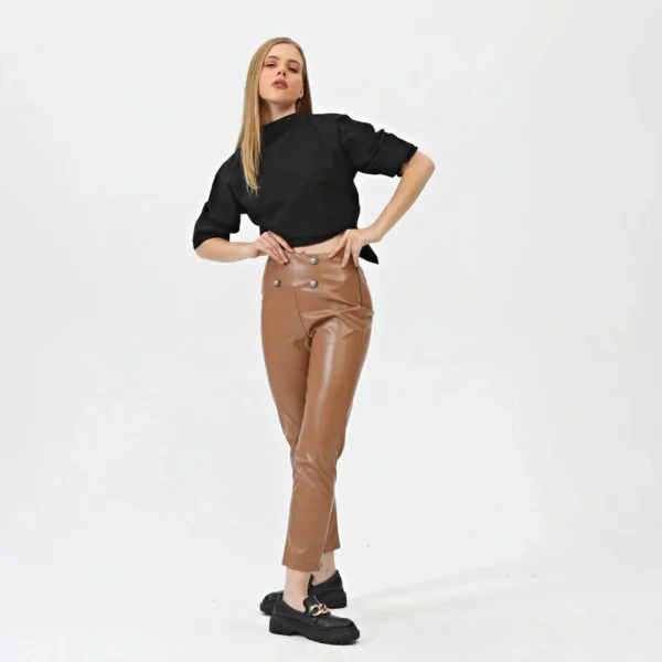 Düğmeli̇ Yan Fermuarli Deri̇ Pantolon