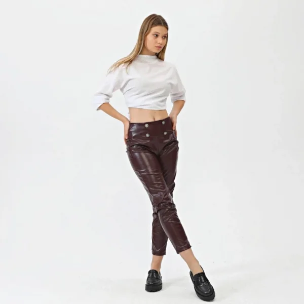Düğmeli̇ Yan Fermuarli Deri̇ Pantolon